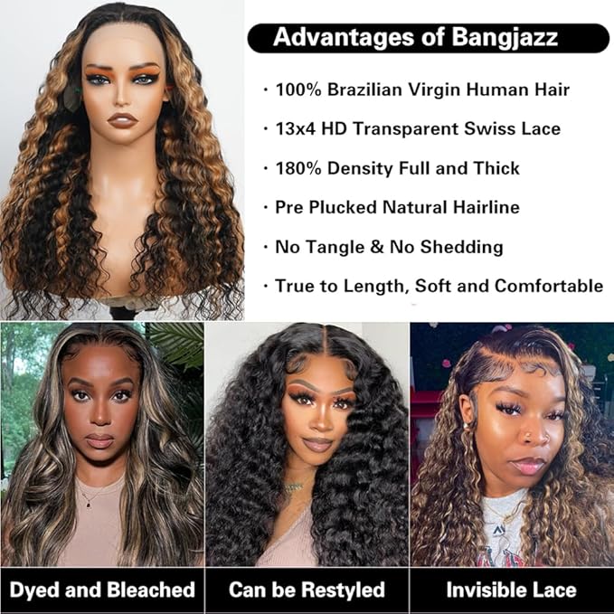 bangjazz 1b/27 Deep Wave Lace Front Wigs Human Hair 180% Density 24 Inch HD Lace Frontal Glueless Wigs Human Hair Pre Plucked Pre Cut Wigs for Black Women Glueless Highlight Ombre Colored