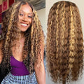 Highlight Ombre 13x6 Lace Front Wig Human Hair Deep Wave Honey Blonde Glueless HD Transparent Lace Frontal Wigs for Women 180 Density Human Hair (highlight ombre deep wave, 28 inch)