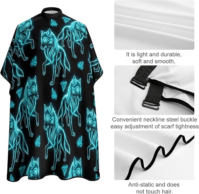 Adjustable Salon Cape, Dyeing Salon Apron Cool Cyan Wolf Art Shampoo Cutting Household Capes Wrap for Hair Dye