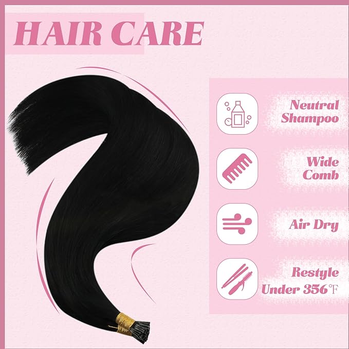 YoungSee I Tip Hair Extensions Black Human Hair Extensions I Tip Jet Black 24Inch 50g I Tips Hair Extension Real Human Hair Long Hair Extension Tip Natural Look for Black Women 50s