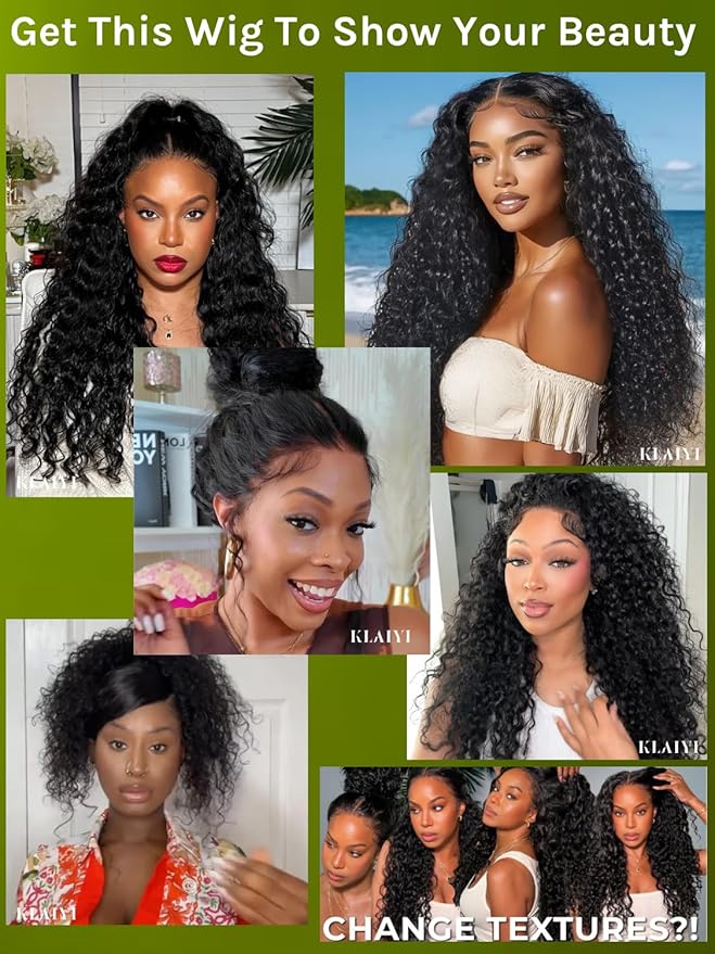KLAIYI Bye Bye Slip™ Water Wave 7X5 Precut Lace Front Human Hair Wig Drawstring Glueless 3S Ready to Wear and Go Wig with Baby Hair Pre Plucked Bleached Bye Bye Knots Curly Wig 180%Density Full 18Inch