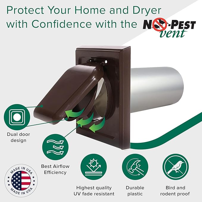 NO-PEST VENT, Exclusive Dual Door Dryer Vent Cover Outdoor 4 inch or Bathroom fan, Made in USA w Highest UV Resistant Plastic in any Outdoor Vent Cover (Brown, 4 inch W/O Duct Tube)