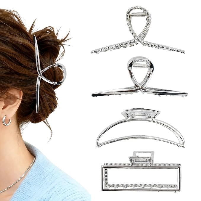 4 Pcs Large Metal Hair Claw Clips for Women, Non-slip Claw Clips with Strong Hold Jaw, Fashion Accessories for Thin Thick Long Curly Hair (Silver1)