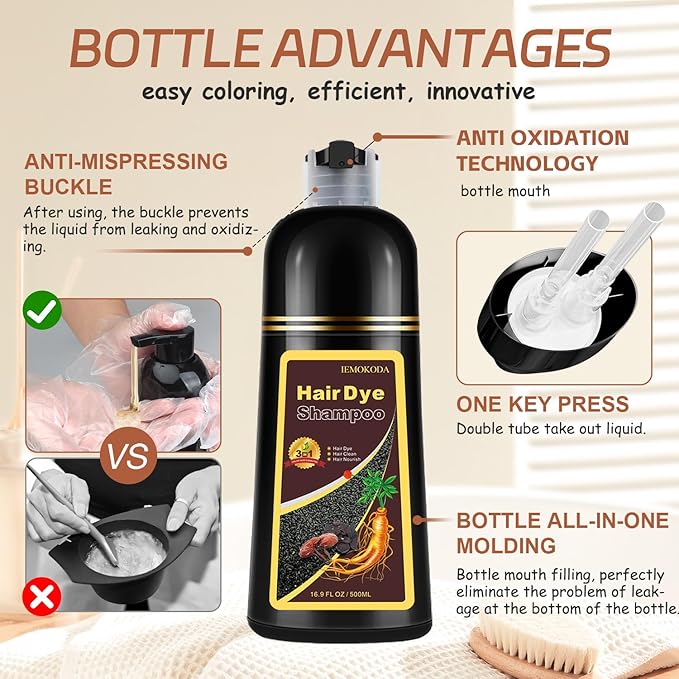 Instant Cherry Brown Hair Dye Shampoo for Vibrant Hair Color, Natural Herbal Hair Color Shampoo Hair Dye, 3 in 1 Coloring & Care Formula Lasts 3-4 Weeks, Easy & Quick to Use for Women Men, 500ML