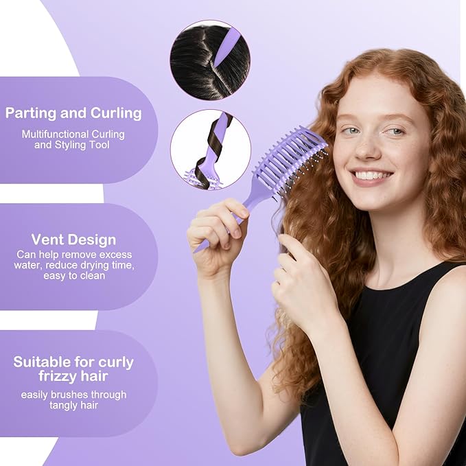 Curly Hair Brush & Curl Defining Brush – Easily Detangles Knots with Less Pulling – Styles Wet or Dry Hair, Tames Frizz for All Curl Types (Pruple)