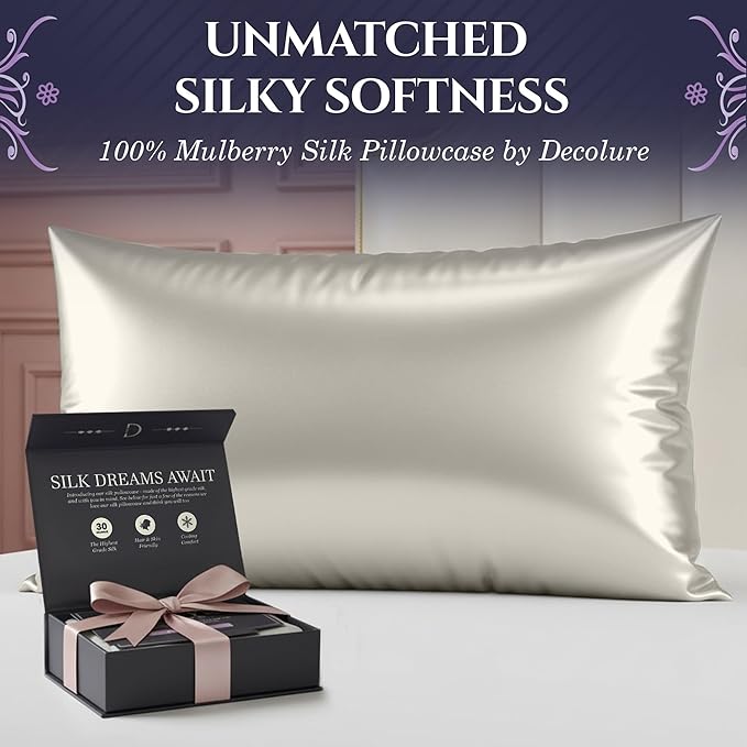 DECOLURE 100% Pure Mulberry Silk Pillow Case Queen Size – Highest Grade 30 Momme 6A+, Luxuriously Soft & Cooling Silk Pillowcase for Hair & Skin, Hypoallergenic, Breathable, Hidden Zipper (Ivory)