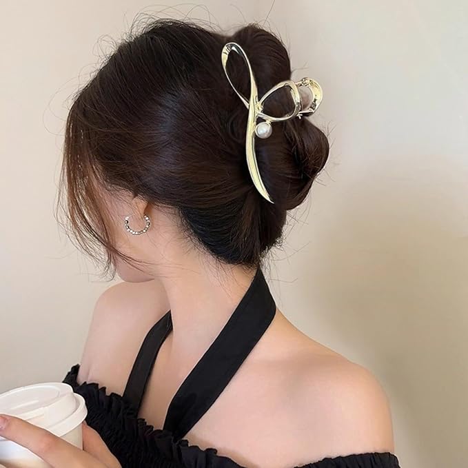Metal Hair Clips Gold Bow Hair Claw Clips with Pearl Large Bow Claw Clip Strong Hold Nonslip Hair Jaw Clip for Thin Thick Hair Stylish Hair Accessories for Women