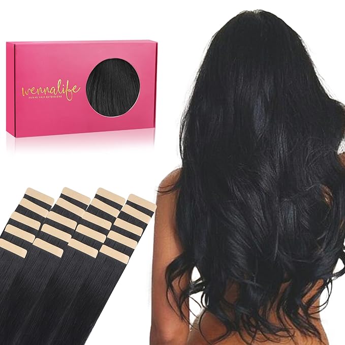 WENNALIFE Tape in Hair Extensions Human Hair, 20pcs 60g 26 inch Jet Black Remy Hair Tape in Extensions Skin Weft