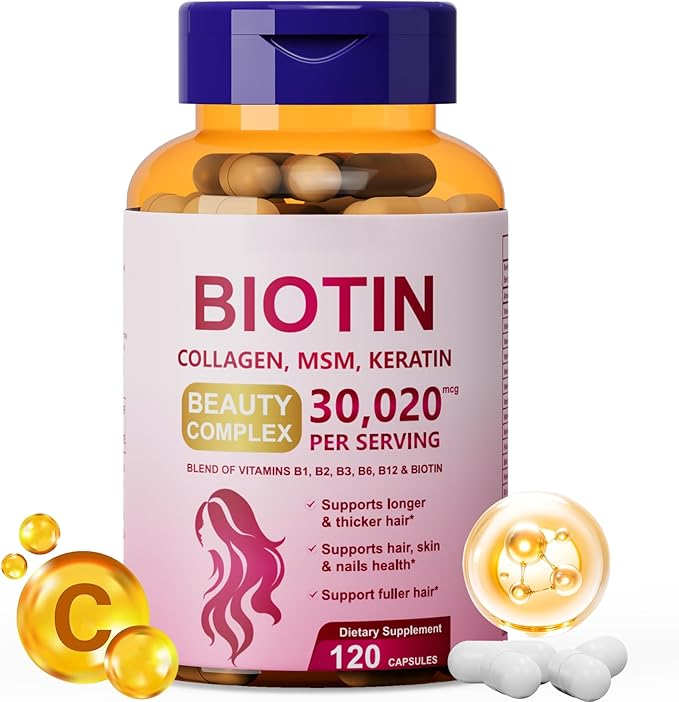 25-in-1 Biotin Supplement for Longer, Thicker & Healthier Hair, with Kertain, MSM, Zinc, Natural Herbal Extracts, Hair Growth Capsules Perfects for Women and Men, 120 Capsules