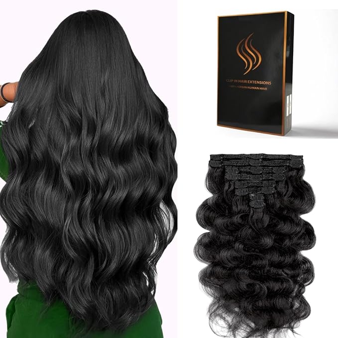 Clip in Hair Extensions Real Human Hair Body Wave 1 Jet Black Clip in 100% Brazilian Remy Human Hair Extensions 8pcs Per Set with 18 Clips Double Weft 24 Inch 120g/3.6oz