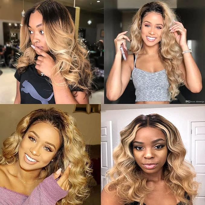 1b/27 Human Hair Bundles Ombre Blonde Body Wave Bundle Brazilian Virgin Remy Hair 3 Bundles 14 16 18 Inch 2 Tone Honey Blonde and Black Bundle Double Weft Hair Weave 150g