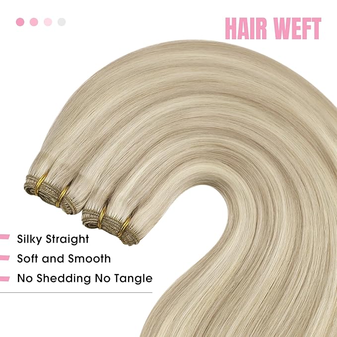 YoungSee Weft Hair Extensions Highlight Warm Ash Blonde Mix Bleach Blonde Human Hair Sew in Extensions Highlights Hair Extensions Weft Soft Remy Hair 18Inch 100G
