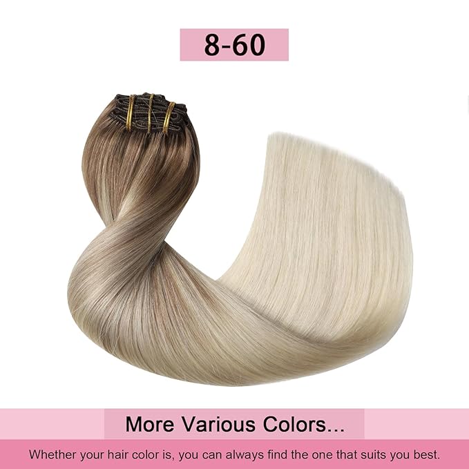 Pro2.0 Remy Real Human Hair Extensions Clip ins 120g Thick 7pcs Color #8/60 Ash Brown to Platinum Blonde Remy Clip in Hair Extensions Real Human Hair 16inch Double Weft（#8/60-16inch）