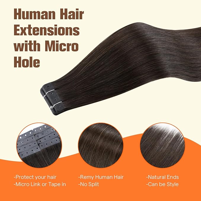 Full Shine Brown Tape in Hair Extensions Human Hair Color Dark Brown Seamless Glueless Remy Human Hair Extensions with Holes Skin Weft 20Inch 20PCS 50G Soft Remy Hair Extensions Tape ins