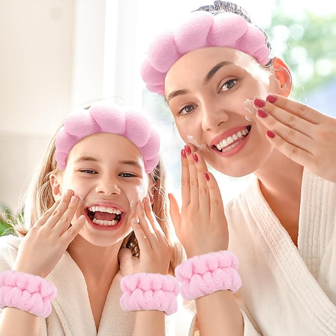 Zkptops Spa Headband for Washing Face Wristband Set Sponge Makeup Skincare Headband Terry Cloth Bubble Soft Get Ready Hairband Women Girl Puffy Padded Headwear Non Slip Thick Hair Accessory(Pink-2)