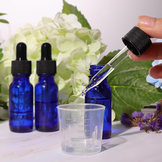 48 Pack 1/2 oz (15ml) Cobalt Blue Glass Bottles with Glass Eye Droppers for Essential Oils, Perfumes & Lab Chemicals (Brush, Funnels, 2 Extra Droppers, Labels & Measuring Cup Included)