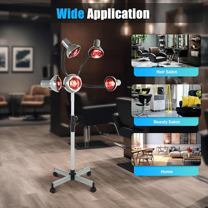 5 Head Infrared Heat Lamp,750W Red Lamp Salon Hair Steamer Perming Dyeing Adjustable Height Machine for Perming Dyeing Shaping Baking Oiling Hair Care