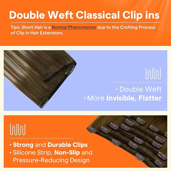 Full Shine Balayage Brown Clip in Hair Extensions Human Hair Brown to Light Brown Mix Light Blonde Remy Hair Extensions Straight Clip in Extensions for Women 20 Inch 7 Pcs 120 G