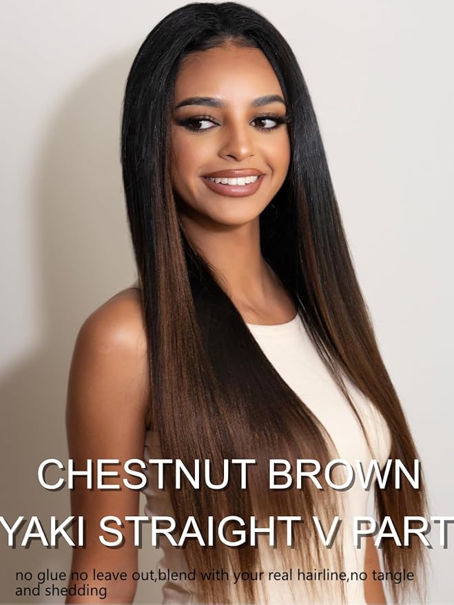 YIROO V Part Wig Human Hair No Leave Out Ombre Chestnut Brown Yaki Straight Glueless Human Hair Wig Upgrade U Part Wigs for Women V Shape Clip in Half Wig No Glue No Sew in Beginner Wig 16inch