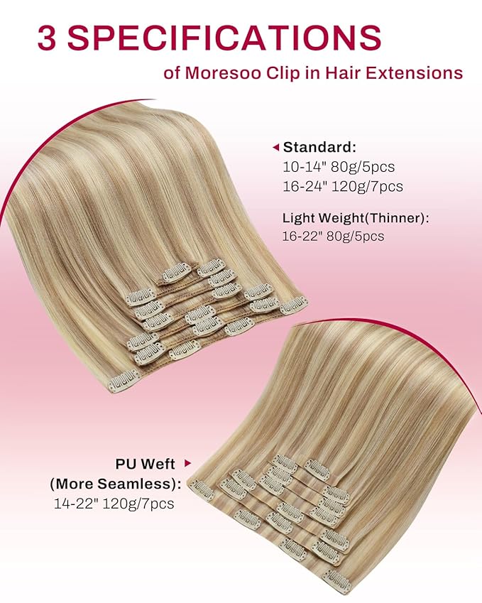 Moresoo Seamless Clip in Hair Extensions Human Hair Dark Ash Blonde with Golden Blonde PU Seamless Human Hair Clip in Extensions Seamless Hair Extensions Clip ins Blonde Highlight 7pcs/120g 16inch