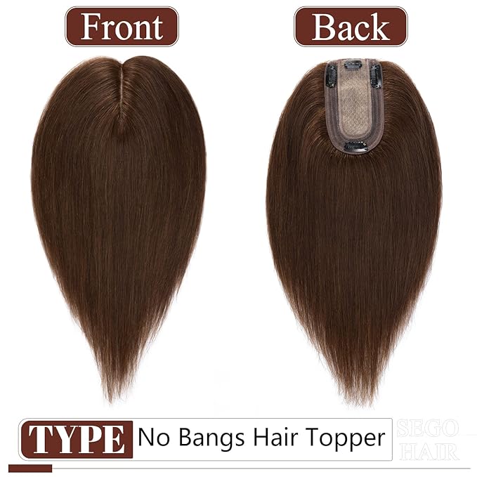 SEGO Real Human Hair Topper for Women, No Bangs Hair Topper with Anti-Slip Clips (16 Inches Medium Brown)
