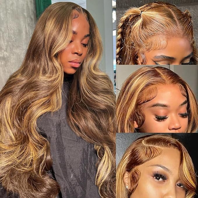 Highlight Ombre Lace Front Wig Human Hair Body Wave 180% Density Frontal Wigs Human Hair 13x6 HD Lace 26 Inch Colored Human Hair Wigs for Black Women Pre Plucked with Baby Hair Glueless Wigs
