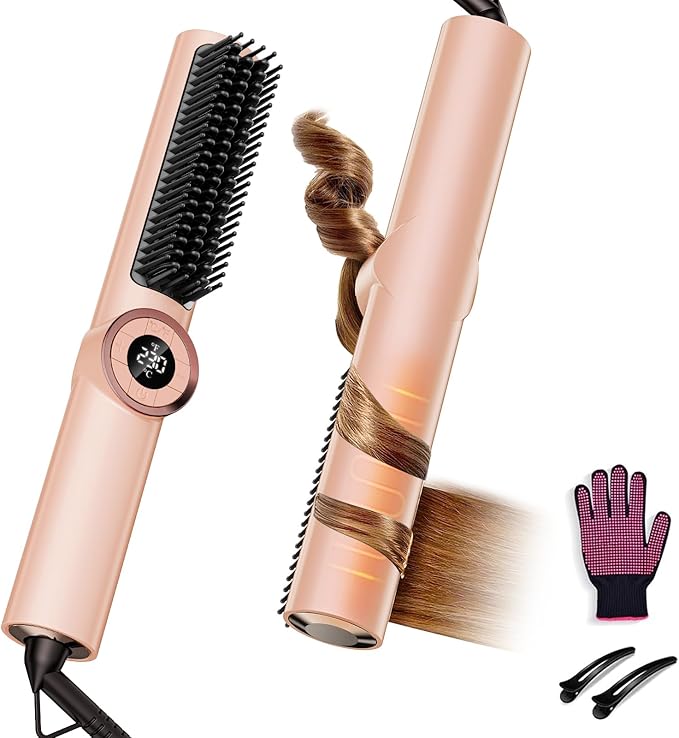 Hair Straightener Brush: Ionic Hair Straighteners for Women with 15 Temps, Straightening Brush Fast Heating with LED Display & Dual Voltage, Gold