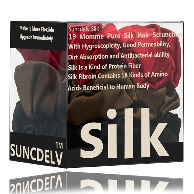 Suncdelv Silk,100% Silk Scrunchies for Hair,22 Momme Hair Ties for Anti-Crease & Breakage,Natural Women Hair Accessories，Fashion Hairbands 3PCS（Red,Brown,Black）