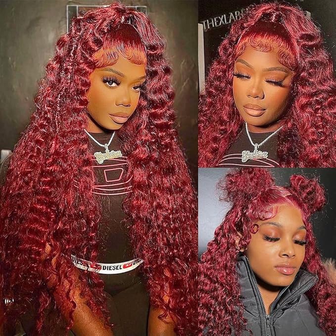 38 Inch 99J Burgundy 13x6 Lace Front Wigs Human Hair Red Burgundy Wig 200% Density Deep Wave Lace Front Wigs Human Hair Pre Plucked Glueless HD Lace Frontal Wigs for Women