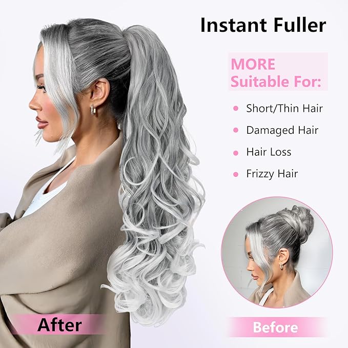 ALXNAN Ponytail Extension,24 Inch Claw Clip in Long Curly Wavy Grey with White Ends Ponytail Hair Extension Jaw Clip on Pony Tails Hairpiece for Women