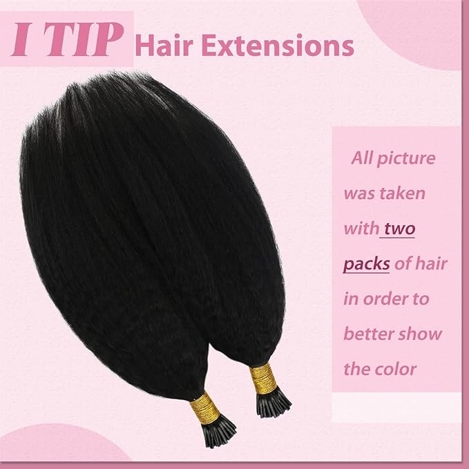 YoungSee Kinky Straight I Tip Hair Extensions Human Hair Black Kinky I Tip Extensions Remy Hair 80s 50g Itip Hair Extension Real Human Hair Yaki for Black Women Short 14Inch