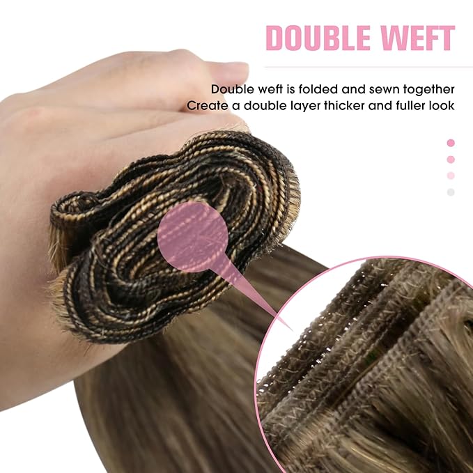 YoungSee 100G Weft Hair Extensions Dark Brown Highlight with Caramel Blonde Sew in Hair Extensions Real Human Hair Short Straight Hair Extension Weft for Women 14inch