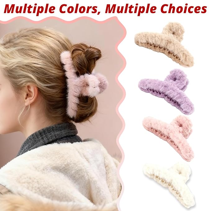 VinBee 4 PCS Faux Fur Hair Clips Large Plush Hair Catch Barrette Jaw Clamp for Women Girls Half Bun Hairpins for Thick Hair Cute Claw Clips Hair Accessories (4.5 Inch)