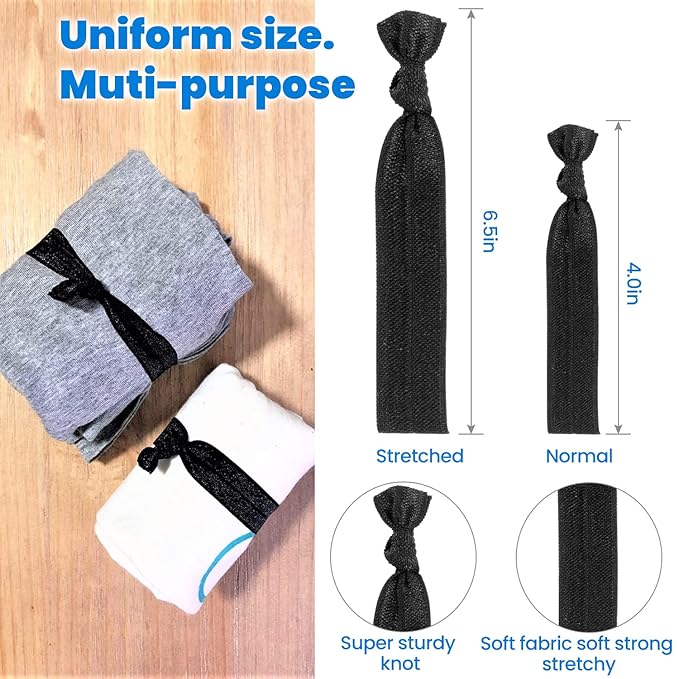 79STYLE Fabric Hair Ties - No Damage Black Ribbon Flat Hair Bands, Knotted Soft Ponytail Holders for Women, Yoga Hair Scrunchies (Black)