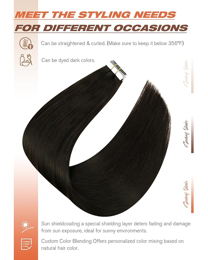 Sunny Hair Tape in Hair Extensions Human Hair 16inch Hair Extensions Real Human Hair Tape in Extensions for Women Darkest Brown Invisible Natural Straight Skin Weft Double Sided Tape 40pcs 100g