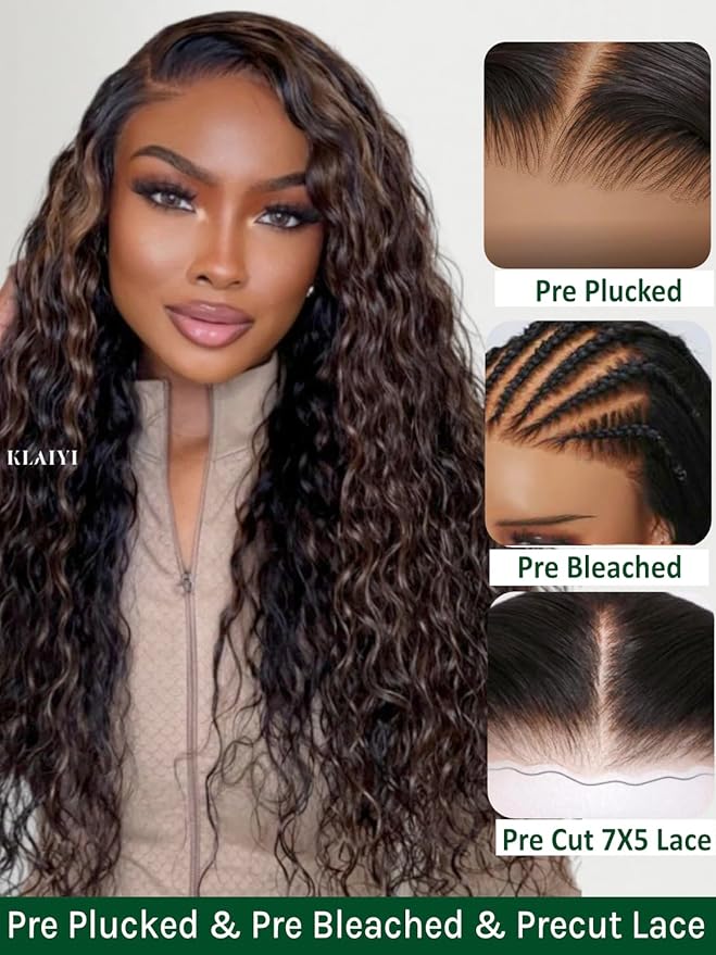 KLAIYI Golden Brown Water Wave Bye Bye Knots Glueless Wig Human Hair Highlight 7x5 Precut Lace Front Pre Plucked Bleached Ombre 3S Ready to Wear Go Beginners Wig with Dark Roots Deep Curly Wave 24Inch