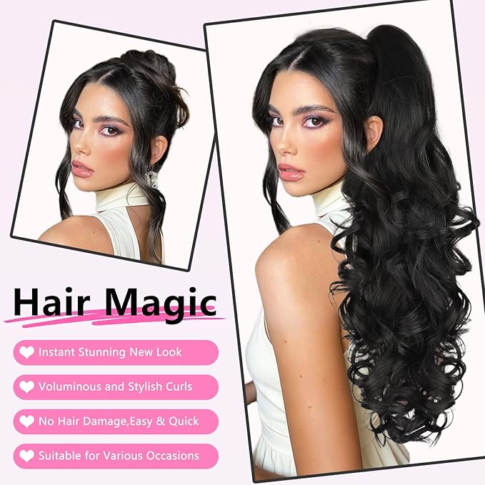 ALXNAN Ponytail Extension,24 Inch Claw Clip in Long Curly Wavy Black Ponytail Hair Extension Jaw Clip on Pony Tails Hairpiece for Women