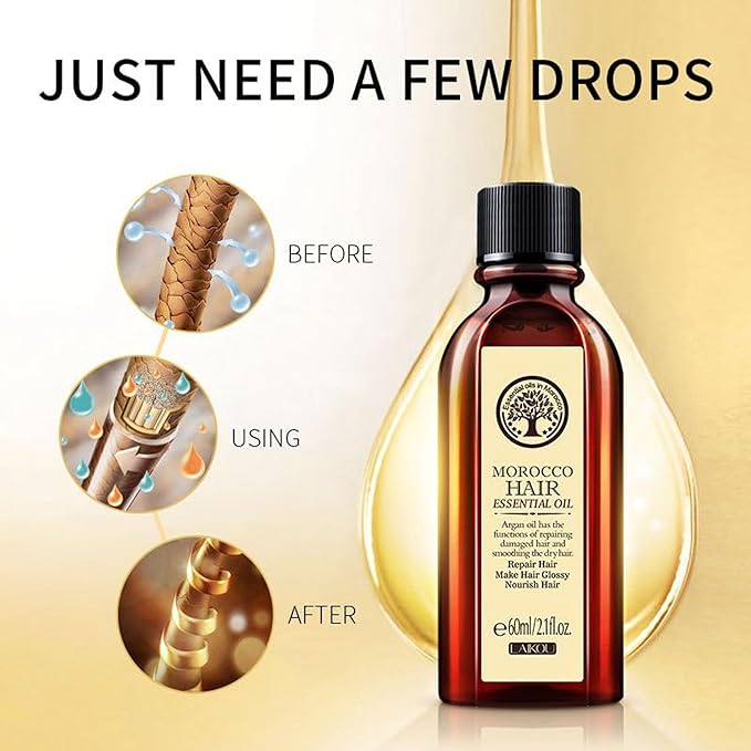 LAIKOU Moroccan Argan Hair Oil – Lightweight Leave-In Smoothing Oil for Dry, Frizzy & Damaged Hair, Anti-Frizz Shine, Split Ends Care, Heat Protection – 60ml / 2.1 fl oz