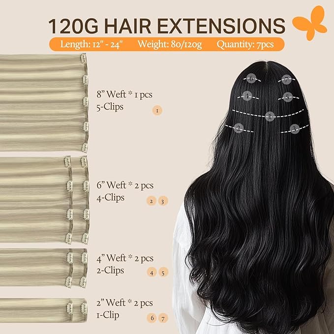 DOORES Hair Extensions Clip in Human Hair Balayage Ash Blonde Highlighted Platinum Blonde 120g 7pcs 16 Inch Clip in Human Hair Extensions Remy Natural Silky Weft
