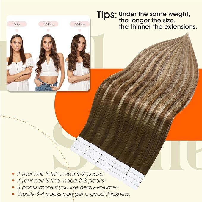 Full Shine Brown And Blonde Tape in Hair Extension Real Remy Natural Color 4 Brown Ombre 27 Blonde And 8 Brown Highlight 60 Invisible Tape in Human Hair Extension 16Inch for Women Add Volume 50G 20Pcs