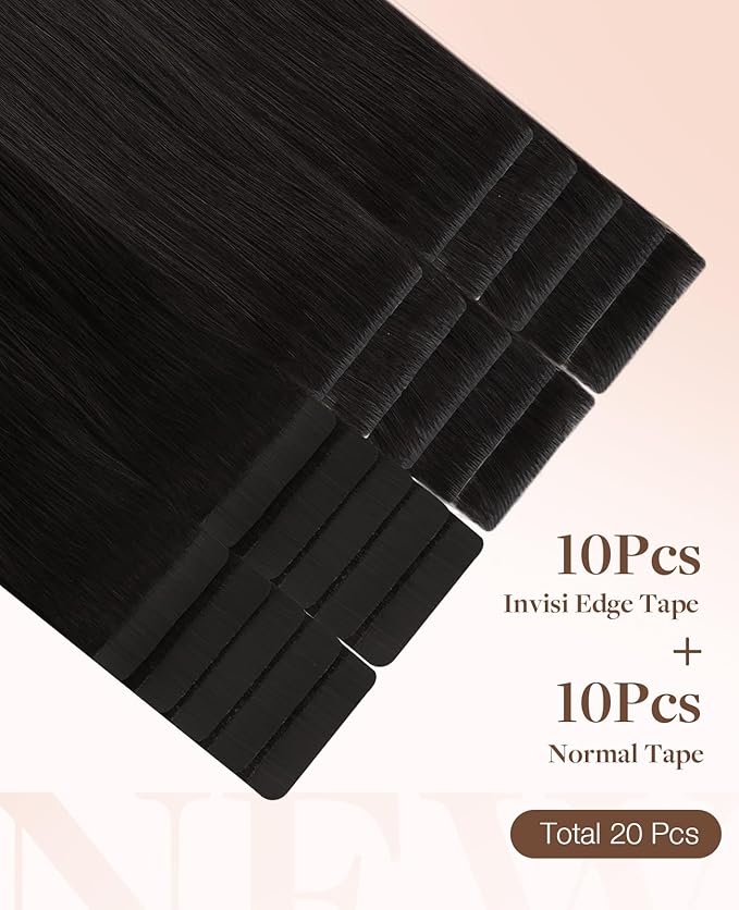 GOO GOO Invisi Edge Tape in Hair Extensions Human Hair, 1B Natural black 10pcs injected with 10pcs classical tape ins, 18inch 50g, Virgin Remy Hair, Natural Look