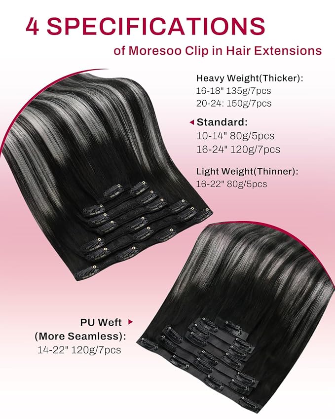 Moresoo Seamless Hair Extensions Clip in Black to Silver 14 Inches Clip in Hair Extensions Short Pu Skin Weft Human Extensions with Clip Balayage 120G 7pcs