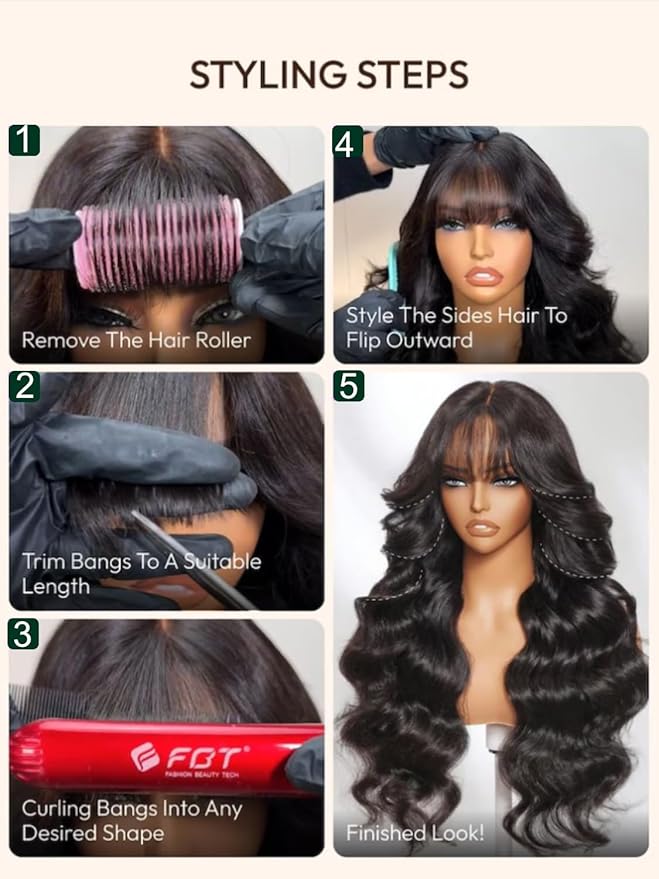 KLAIYI Fluffy Body Wave Curtain Bang Wig Bye Bye Knots Glueless Pre Cut 7x5 Lace Front Wigs Human Hair Loose Wave Pre Bleached Pre Plucked Pre Everything 3S Easy to Wear and Go Wig 180% Density 22Inch
