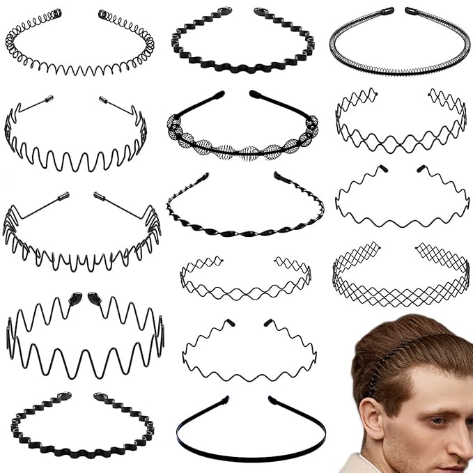BOYIVI 15 Pieces Metal Headband for Men and Women Unisex Hair Band Adjustable Headbands Wavy Hair Accessories Non-slip Hair Hoop for Home, Outdoor, Sports and Yoga