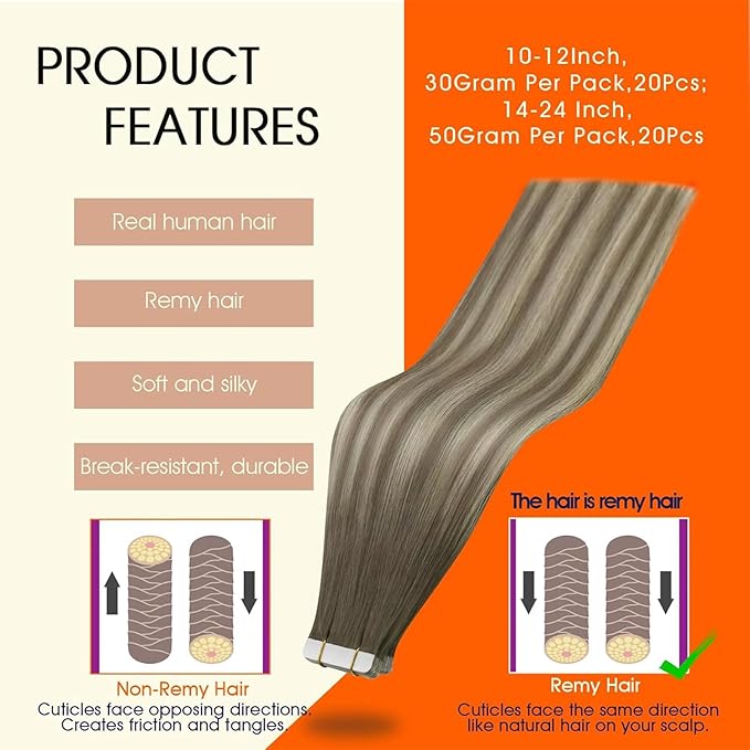 Full Shine Hair Extensions Tape in Balayage Color 7/1000/7 Human Hair Tape ins Extensions 22Inch Tape Hair Extensions 50G Seamless Skin Weft Remy Human Hair Extension Natural Straight Hair 20Pcs