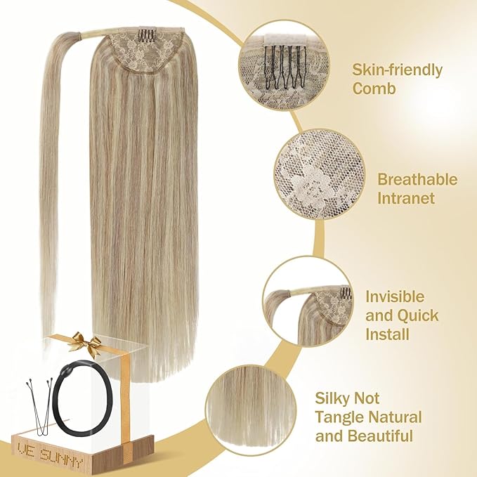 Ve Sunny Hair Extensions Ponytail Real Human Hair Wrap Around Clip in Ponytail Hair Extensions Straight Extensions Human Hair for Women Blonde Highlights for Women Warm Color 22inch 80G