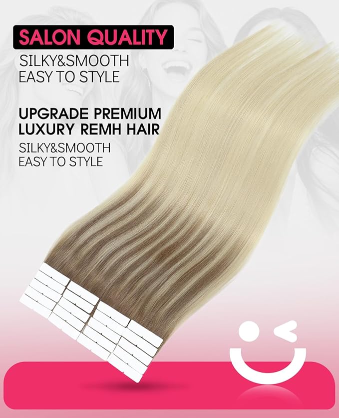 Youngsmile Invisible Tape in Hair Extensions Human Hair #8T60 Ash Brown to Platinum Blonde Balayage Injection Tape in Hair Extensions 20pcs 30g 14 Inch (#8T60,14'')