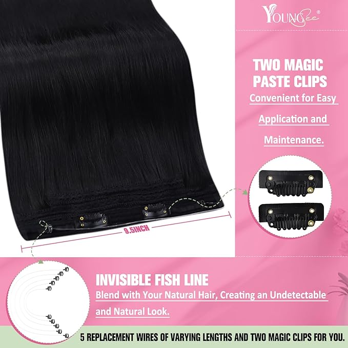 YoungSee Wire Hair Extensions Real Human Hair Jet Black Hair Extensions Wire Black Fish Line Human Hair Extension Long Straight Hair 20In 100G