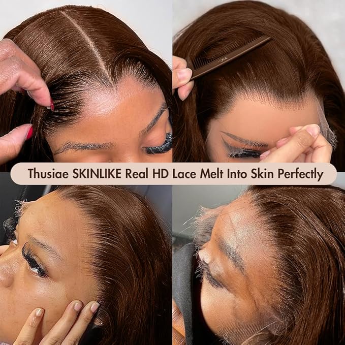 250 Density SKINLIKE HD Lace Wig Human Hair 13x6 15A Chocolate Brown Human Hair Wigs Invisible 0.1mm Ultra-thin Frayed Ends Full Cuticle Aligned Virgin Hair Lace Frontal Wig 30 Inch