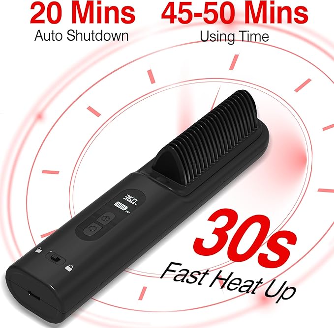 Hair Straightener Brush Cordless, 30s Fast Heating 300Million Negative Ions Hair Straightening Comb Frizz-Free with 6 Temps, 10000mAh Rechargeable Battery Portable for Women Travel Quick Touch-ups